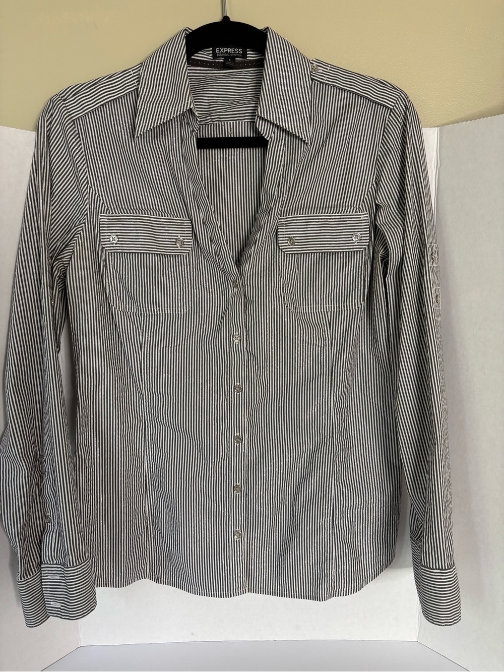 Express Black and White Striped Collared Shirt